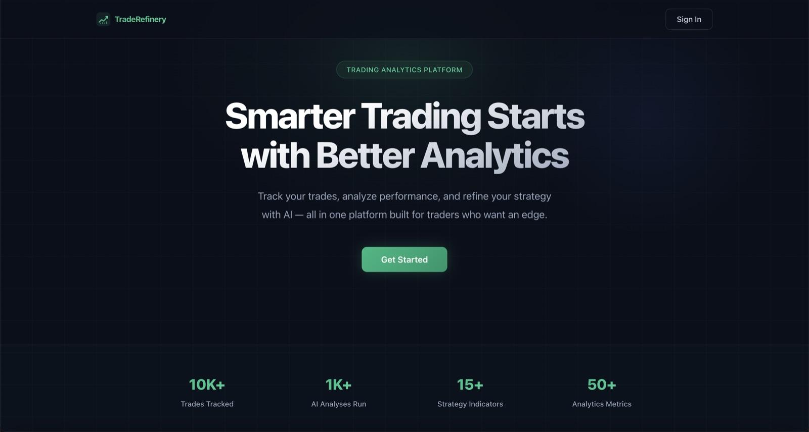 Skärmbild av Trade Refinery — en AI-driven webbapplikation för traders med dashboard, statistik och journalföring av trades.