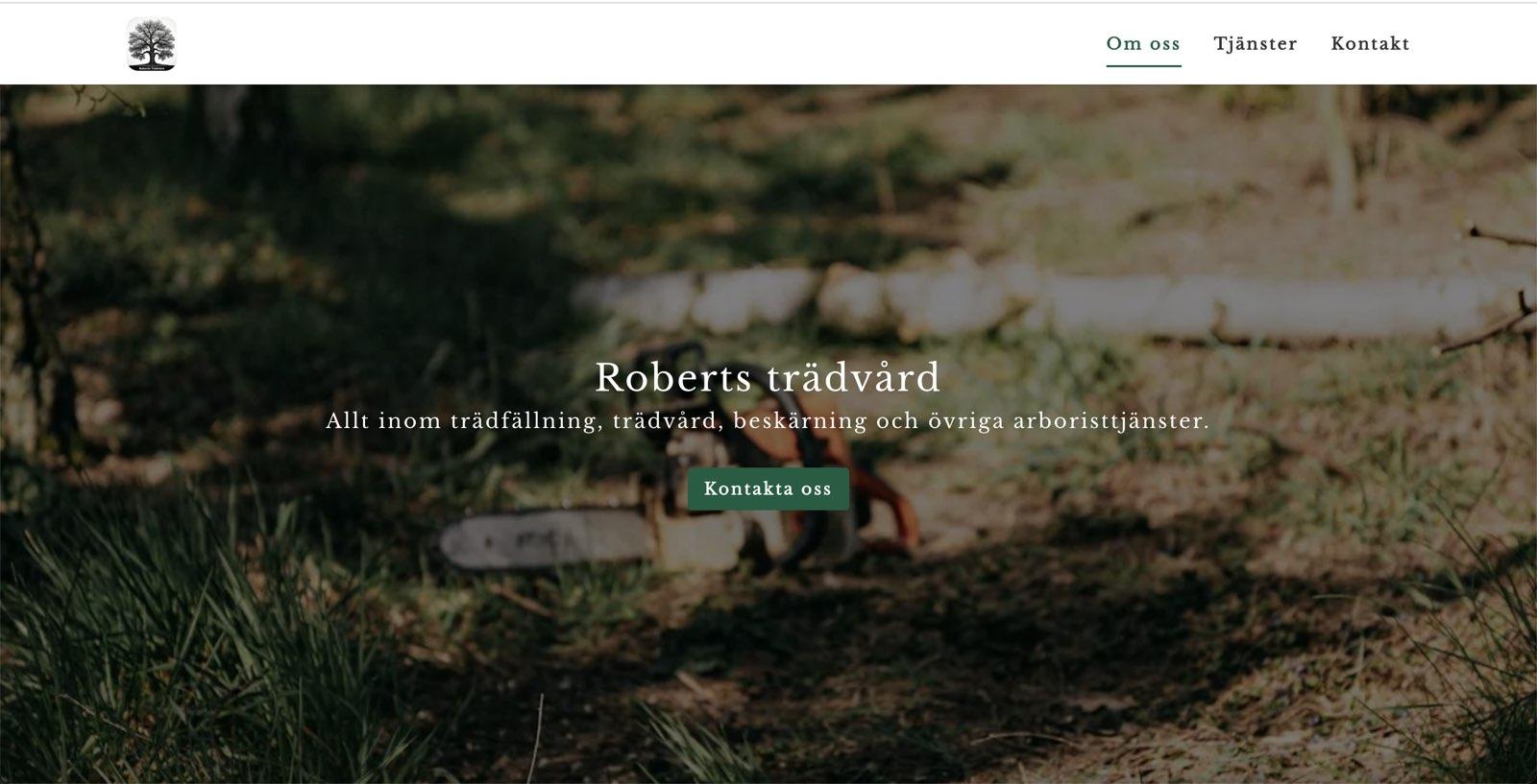 Skärmbild av Roberts Trädvård — en modern och responsiv webbplats för en arboristverksamhet i Göteborg.