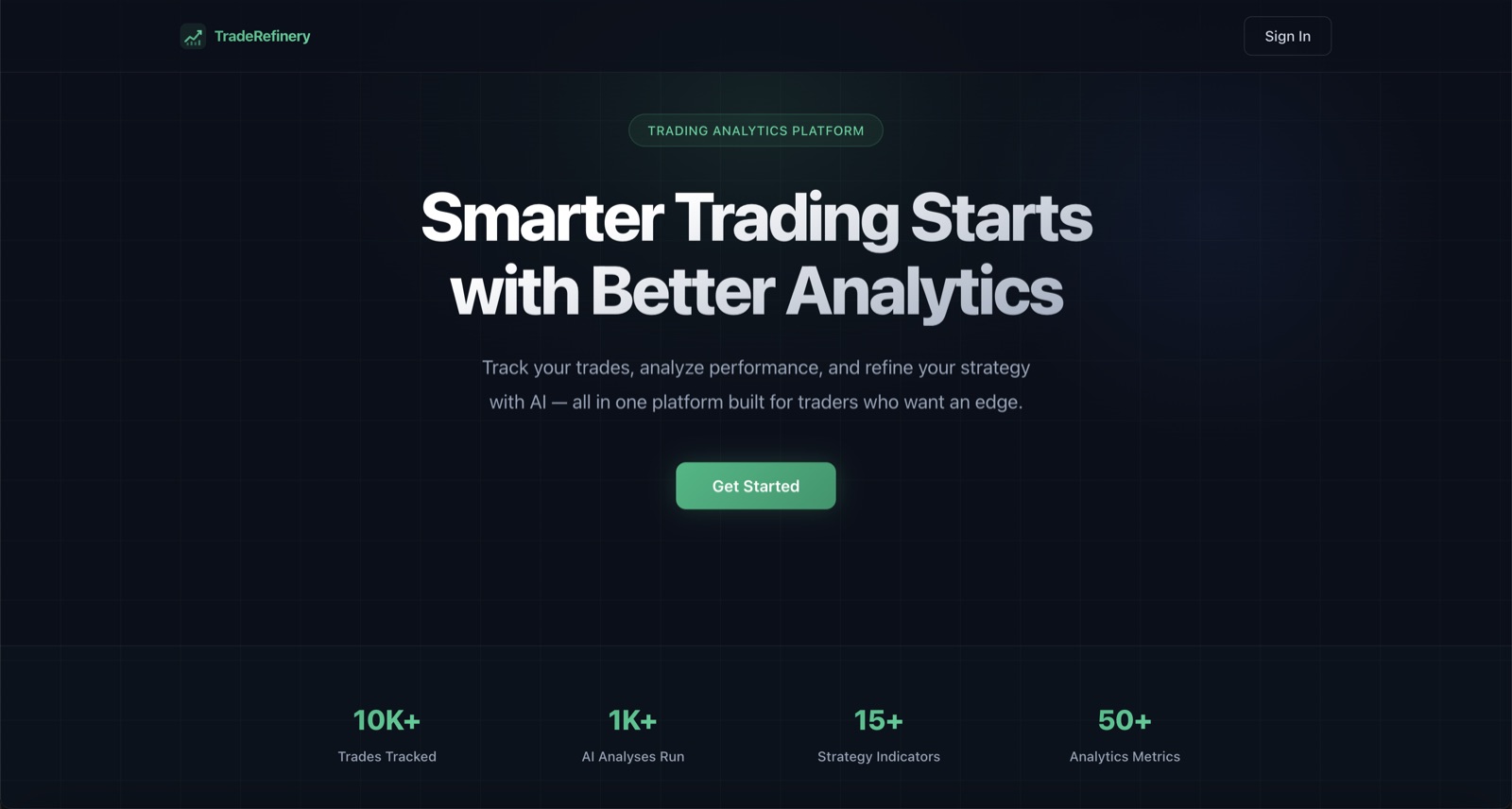 Skärmbild av Trade Refinery — en AI-driven webbapplikation för traders med dashboard, statistik och journalföring av trades.